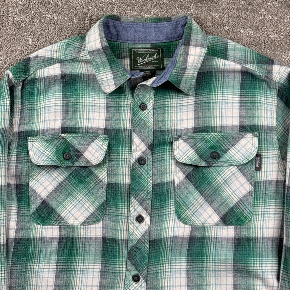Woolrich Flannel Shirt Mens Large Green Plaid Cotton Long Sleeve Outdoor Casual
